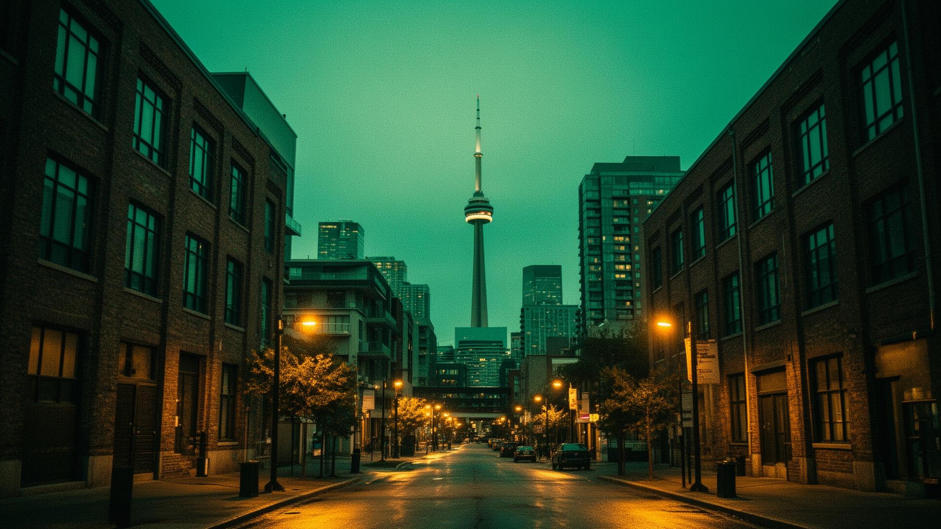 Liberty Village Toronto at dusk with the CN Tower in the distance